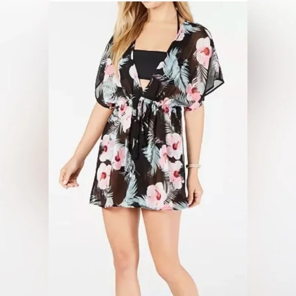 Miken Black and Pink Sheer Open Front cinch tie waist Swim Cover-Up Size XL - Picture 1 of 12